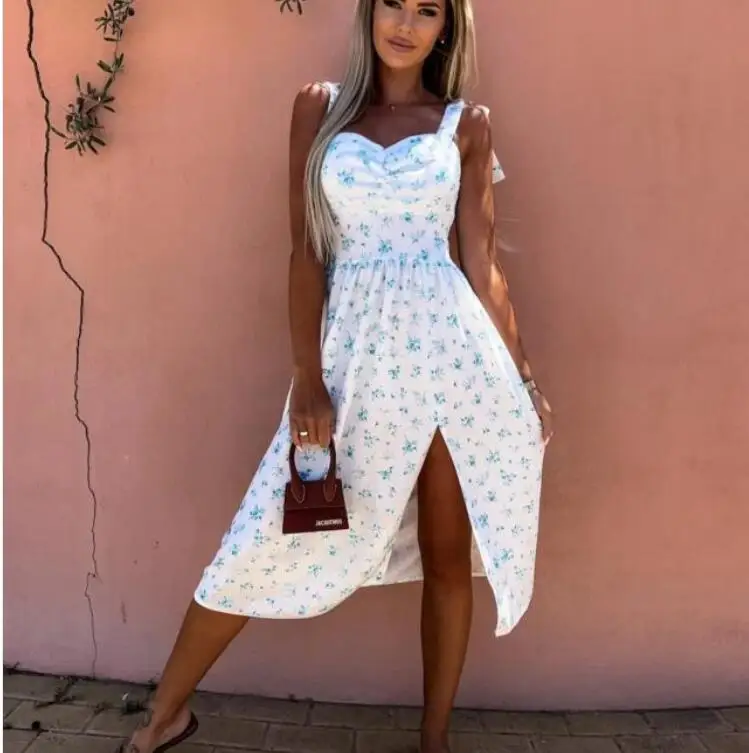 

Sweet little fresh floral print one line collar wrap chest sexy suspender lace up slim A-line split dress women
