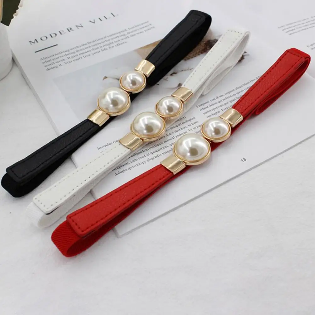 

Women Waist Belt Elastic Thin Versatile Adjustable Faux Leather Creative Pearl Buckle Ladies Waistband Dress Belt for Daily Wear