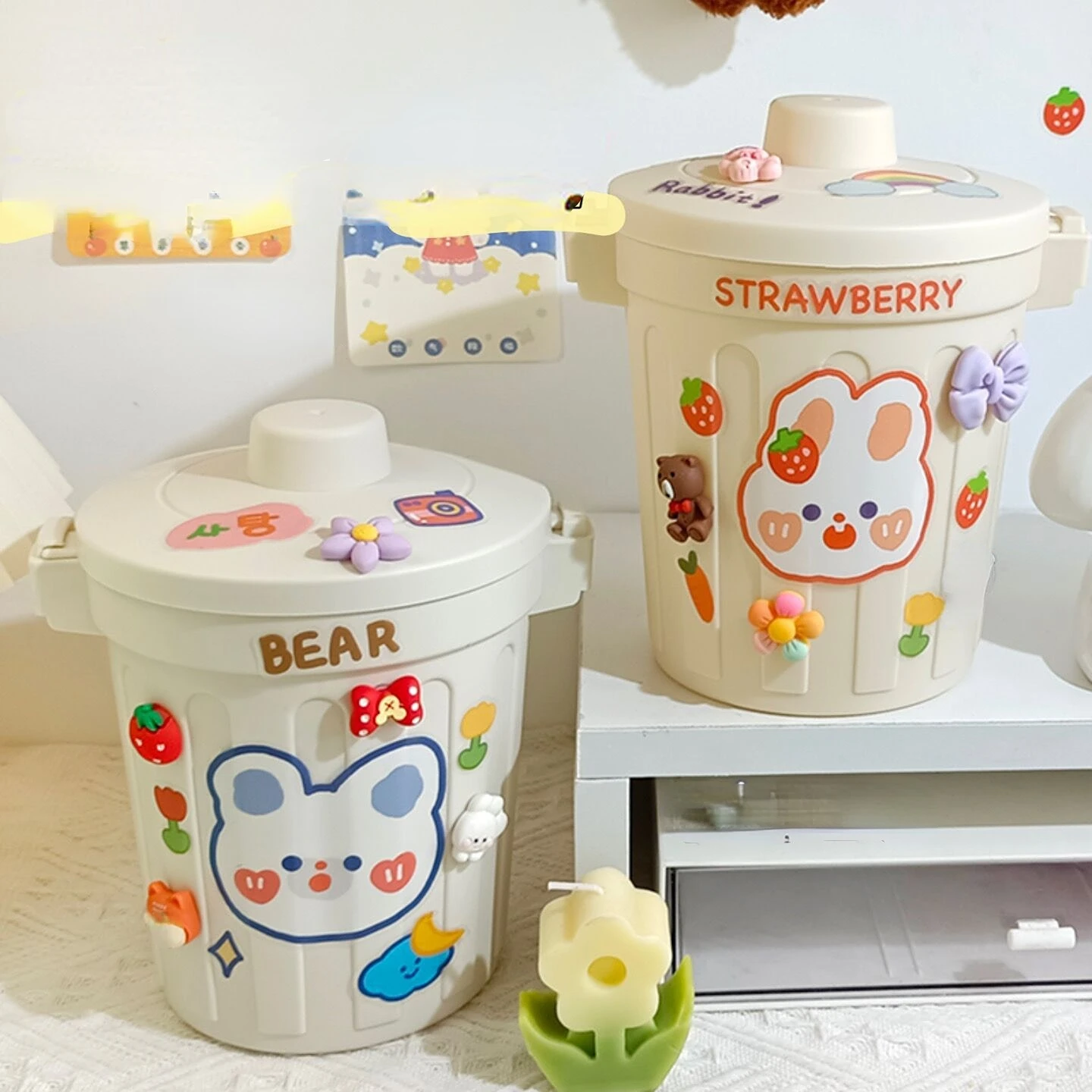 

Ins Style Desktop Small Trash Can Creative Garbage Storage Box with Random Cartoon Sticker Desk Small Trash Bin Pen Holder