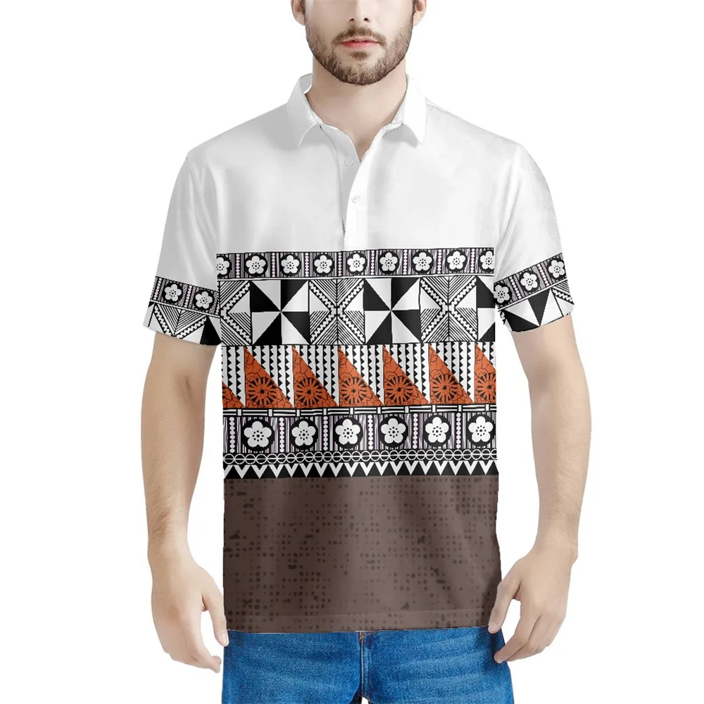 

Drop Shipping Polos T-shirt Polynesian Tribal Samoan Fiji Tapa Print Square Collar Shirt Short Sleeve Triple Breasted Polo Shirt