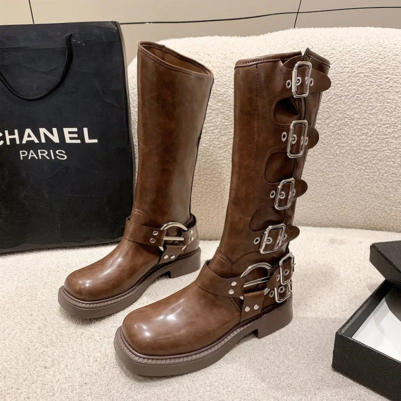 

Женские сапоги до колена, на платформе, с шипами, весна-лето, рыцарская Боевая Готическая элегантная обувь на среднем каблуке, Женская мотоциклетная обувь