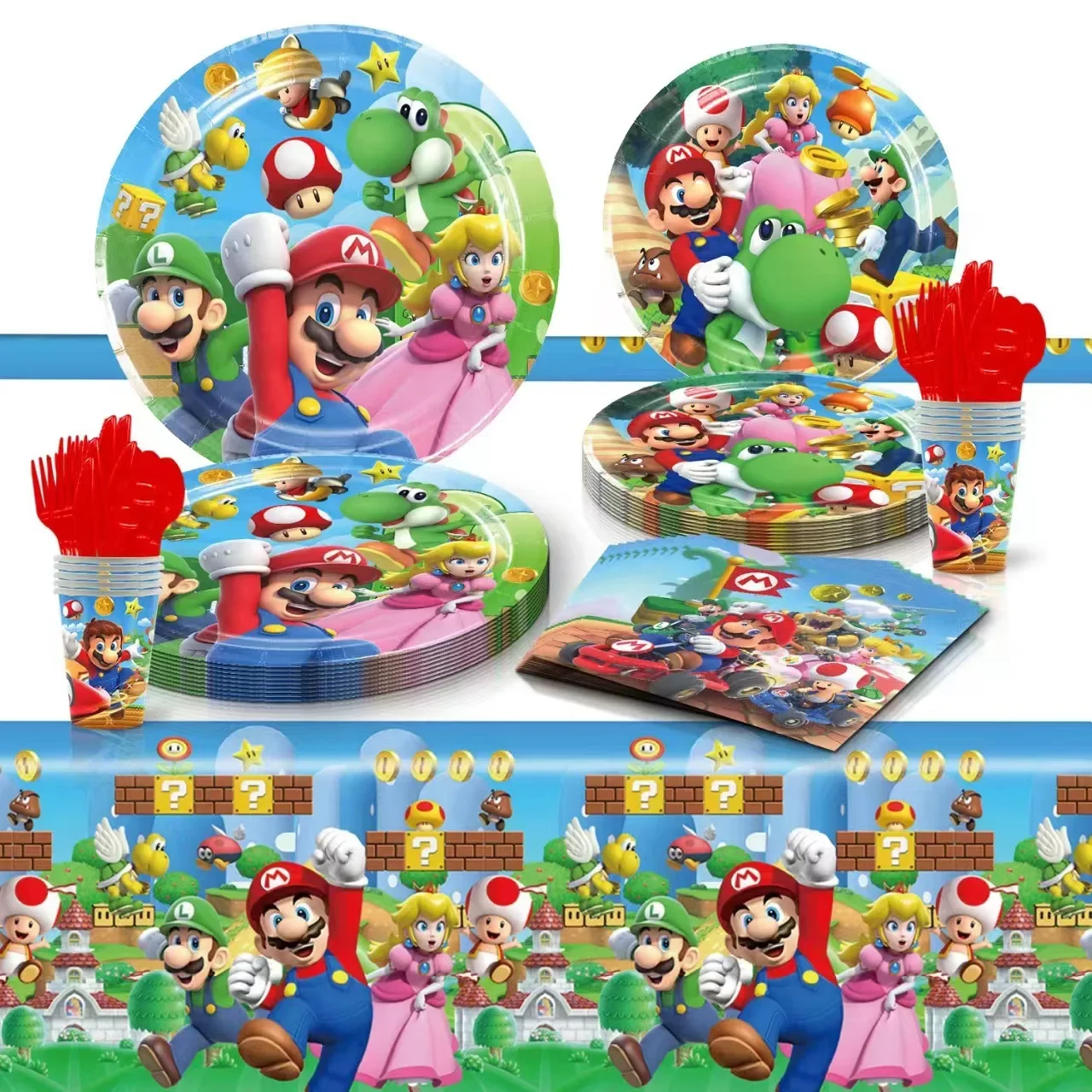 Фото Набор одноразовой посуды для вечеринки в стиле игры Mario Bros: Салфетки, стаканы, скатерть, бумажные тарелки для дня рождения №4