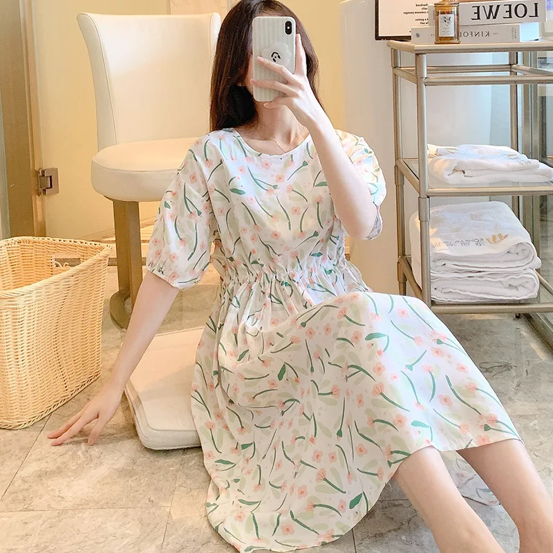 2023Summer Short Sleeved Pajamas Women's Thin Cotton Silk Pajamas Home Wear Waist drawstring Fresh Oversized Cotton Silk Dresse