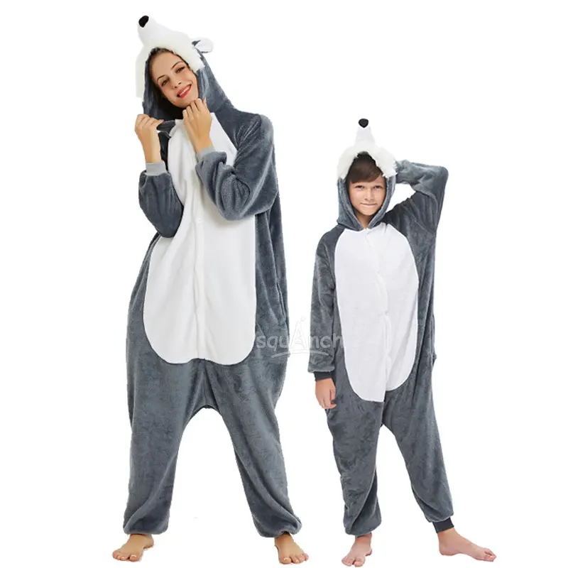 Family Matching Pajama Wolf Onesie Halloween Mother Kids Outfits Zipper Animal Kigurumis Winter Warm Jumpsuit Party Overalls