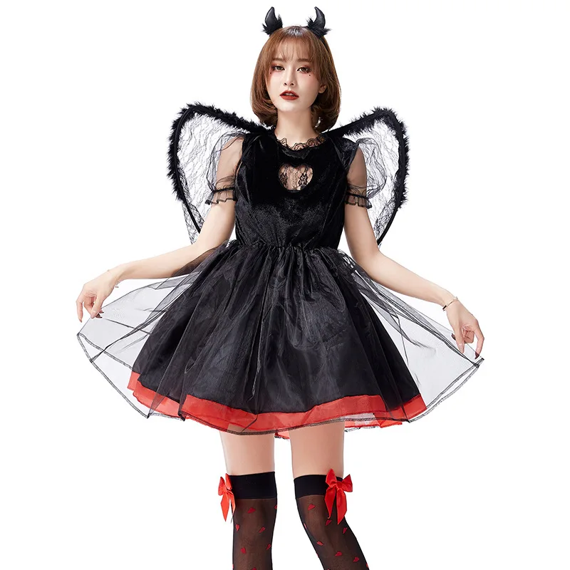 Halloween Fallen Devil White Black Angel Cosplay Costume Girlfriends Sexy Lovely Fluffy Princess Dress Wings Headwear 3pcs Set