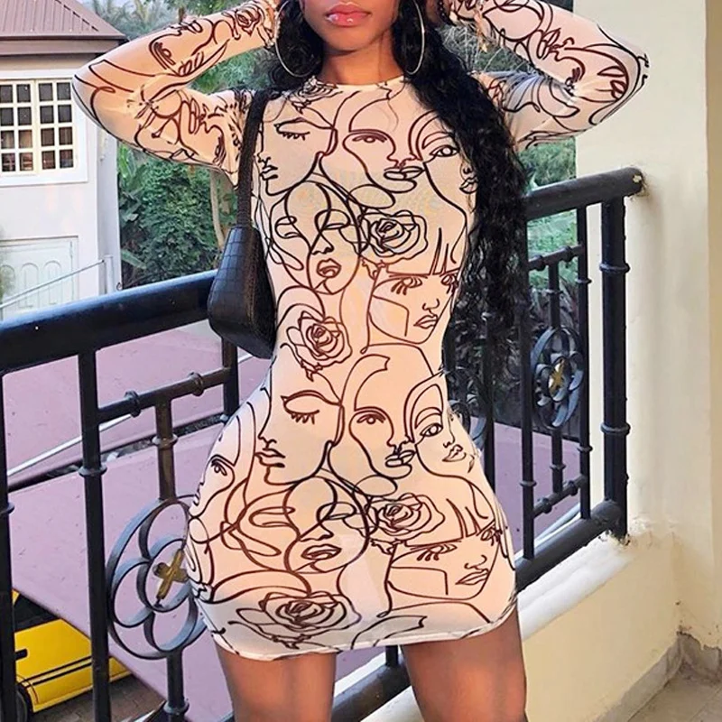 

See-Through Mesh Cloth Summer Dress Slim Fit Long Sleeve Casual High Street Party Sexy Mini Dress Women