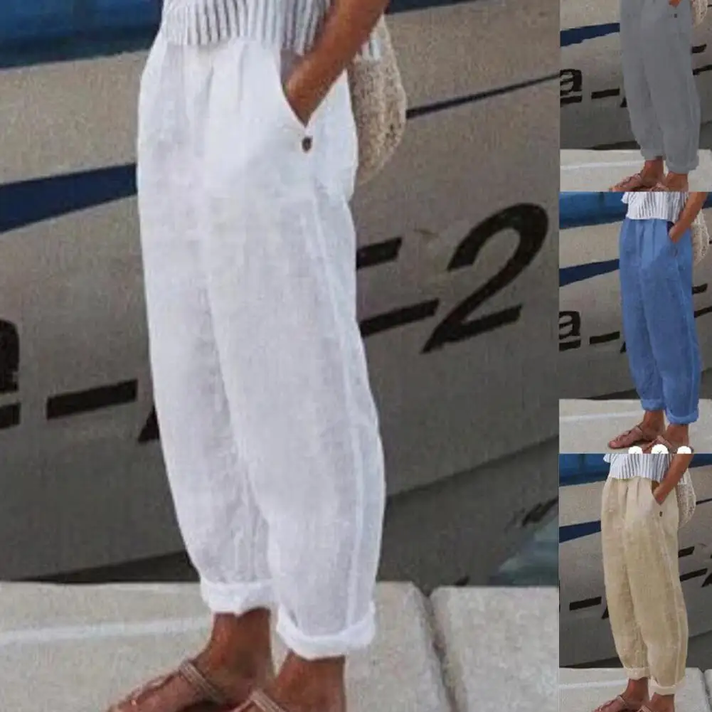 

Spring Summer for Women 2022 New Women Pants Office Lady Cotton Linen Pockets Solid Loose Casual White Wide Leg Long Trousers