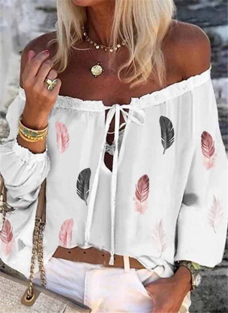 

Sexy Off Shoulder Leaf Printed Tops for Women 2022 Spring Summer Woman Clothes Loose Long Sleeve Chiffon Shirt Top