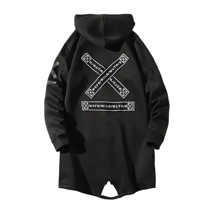 

Spring Autumn Men Hooded Jackets Print Harajuku Windbreaker Ribbon Overcoat Male Casual Outwear Hip Hop Streetwear Coats