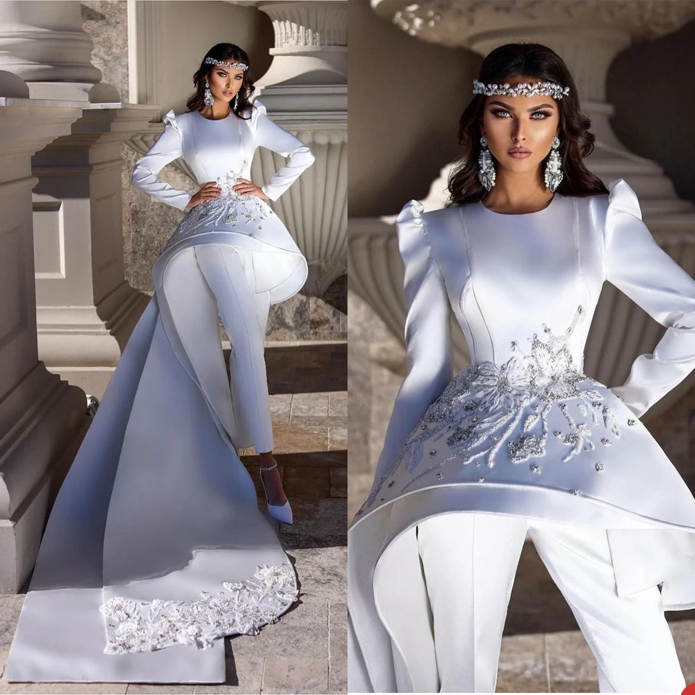 

Vintage Jumpsuit Wedding Dresses Jewel Appliques Bridal Gowns Custom Made Pant Suits Puffy Long Sleeves Vestido de novia