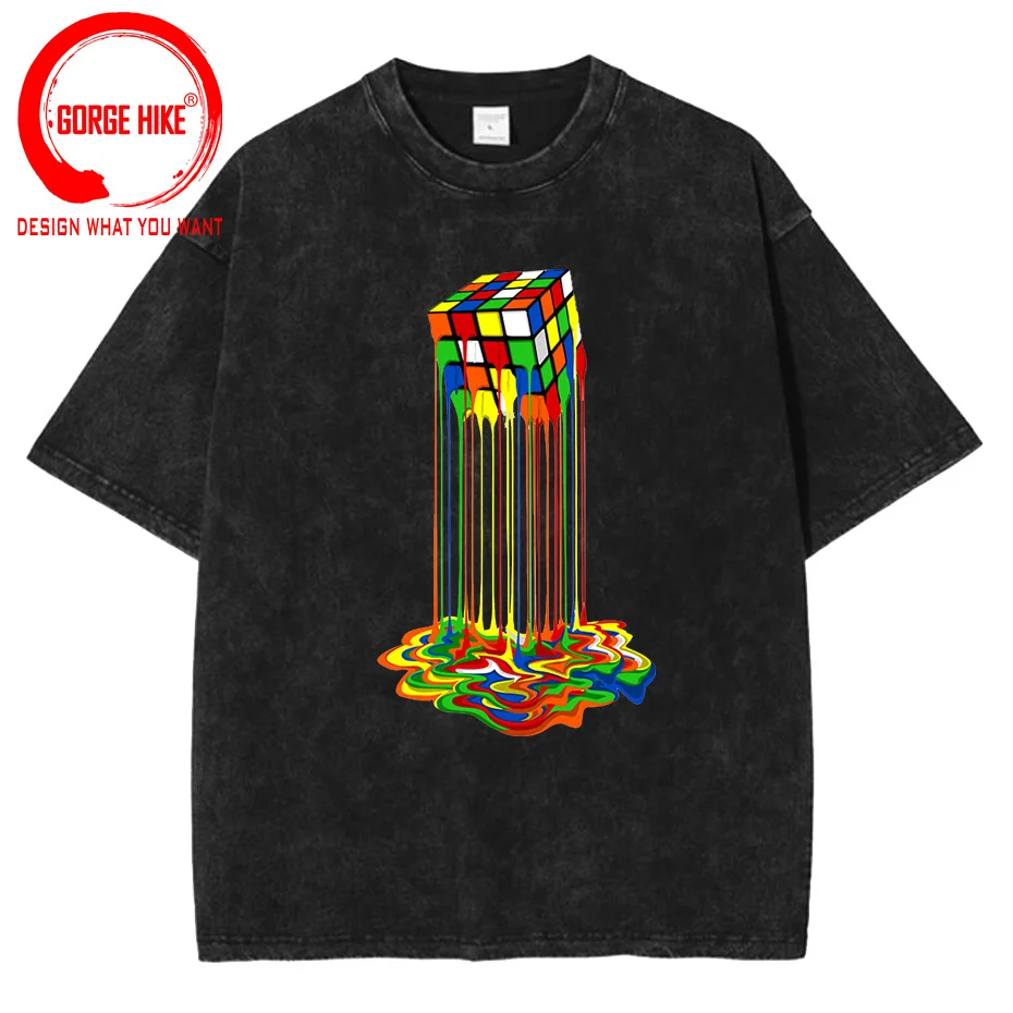 

Футболка мужская свободного кроя, винтажная промытая хлопковая майка с математическим рисунком кубика Рубика, плавилка в стиле унисекс, брендовая уличная одежда