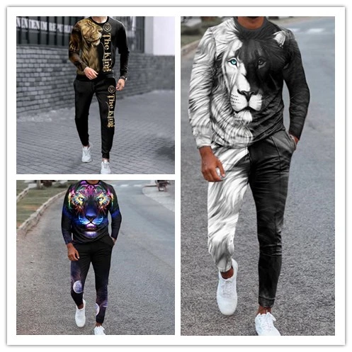

Fashion Spring Men's Retro T-shirt Long Sleeve Suit Lion Tshirt Long Sleeve Sweatshirt 3d Printing Men's Set 2 Piece Clothing