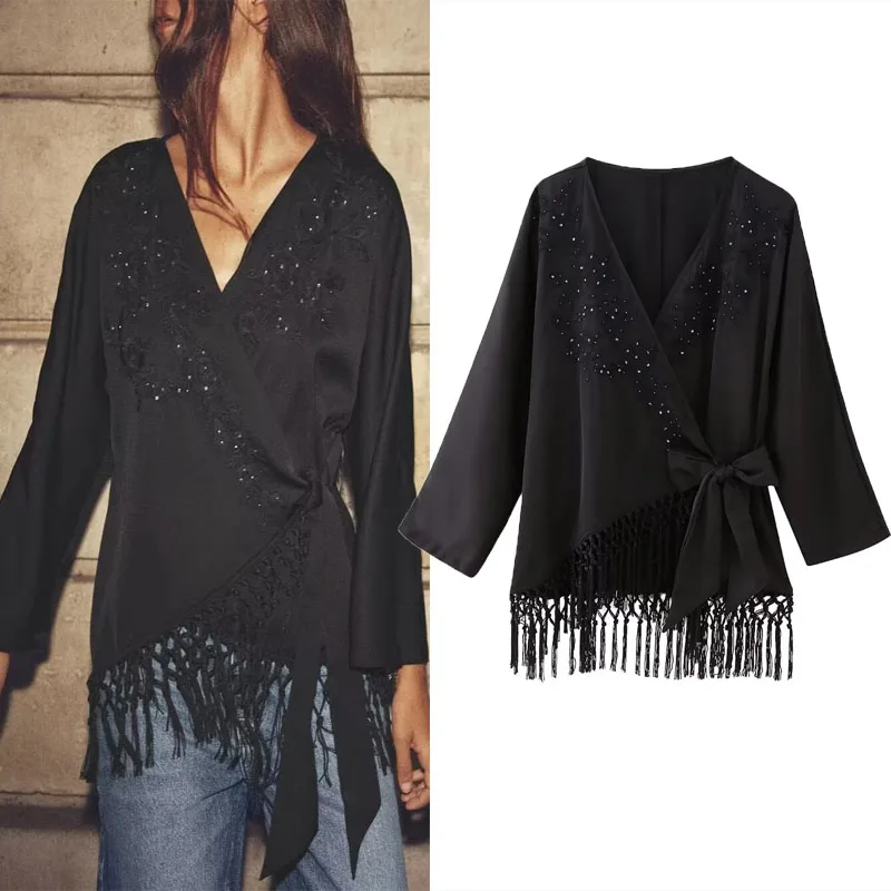 

TRAF Woman Fringed Embroidered Top Fashion Tie Wrap V-neck Kimono Style Tops Womens Vintage Black Beads Long Sleeve Blouse 2023