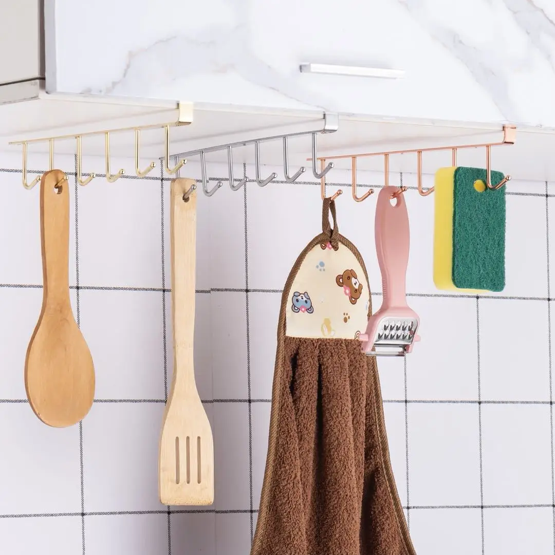 

Kitchen Iron 6 Hooks Storage Shelf Wardrobe Cabinet Metal Under Shelves Mug Cup Hanger Bathroom Organizer Hanging Rack Holder