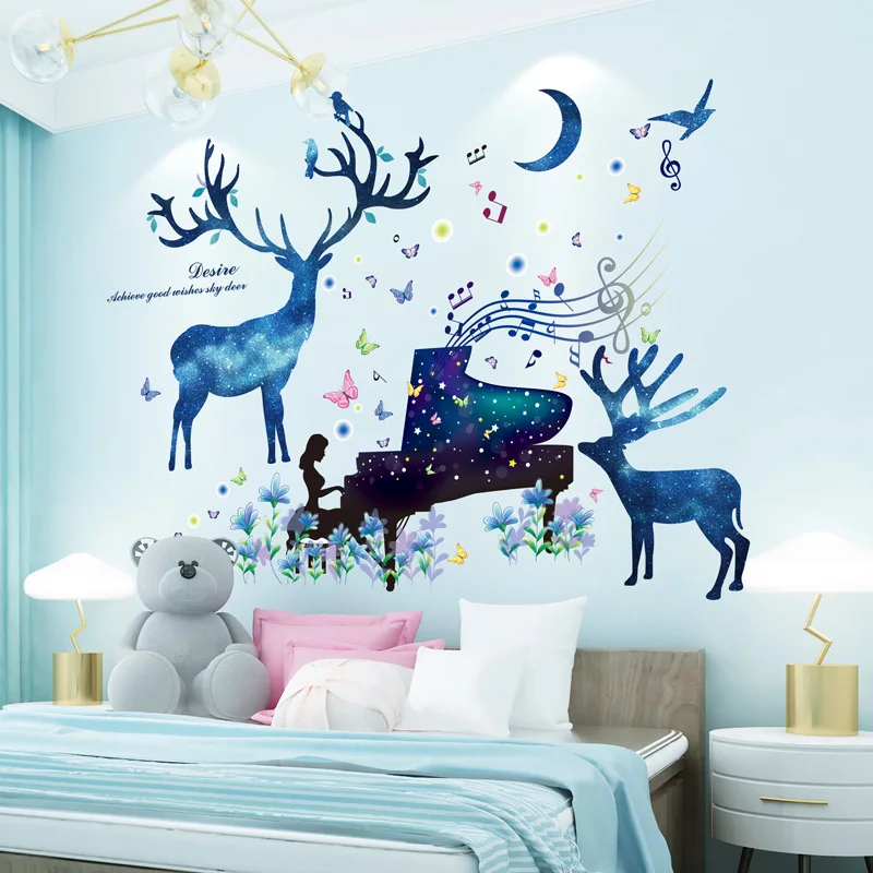 

Cartoon Piano Girl Wall Stickers DIY Blue Deers Animals Mural Decals for Baby Room Kids Bedroom Children Nursery Home Decoration