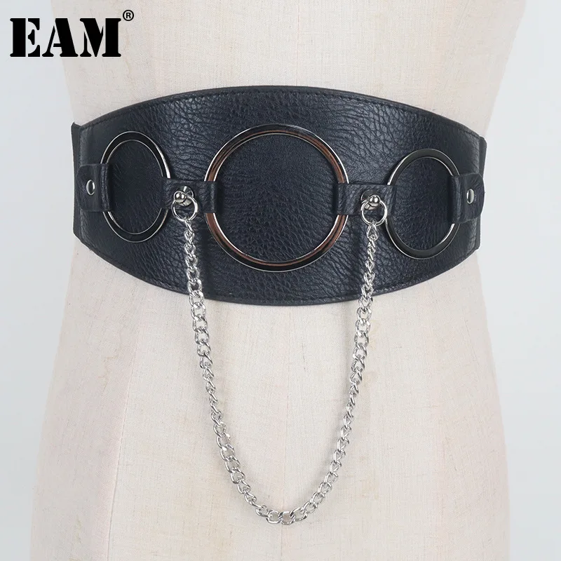 [EAM] Pu Leather Black Metal Chain Long Wide Elastic Belt Personality Women New Fashion All-match Spring Autumn 2023 1DF8252