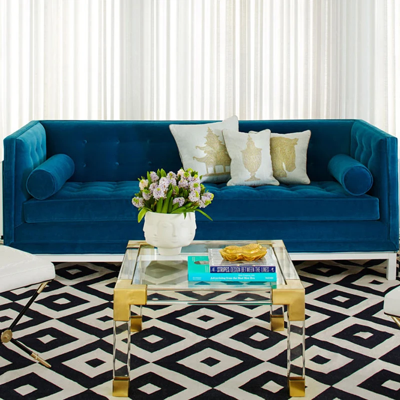 

Light Luxury Full Set Velvet Sapphire Blue Cloth Three Person Soft Bag Small Family Living Room Sofa Customization