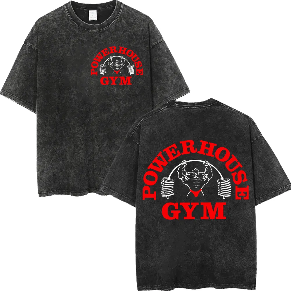 Фото Футболки с двусторонним принтом и логотипом Powerhouse Gym, модная потертая футболка в стиле ретро для мужчин и женщин, повседневные свободные хлопковые футболки №3