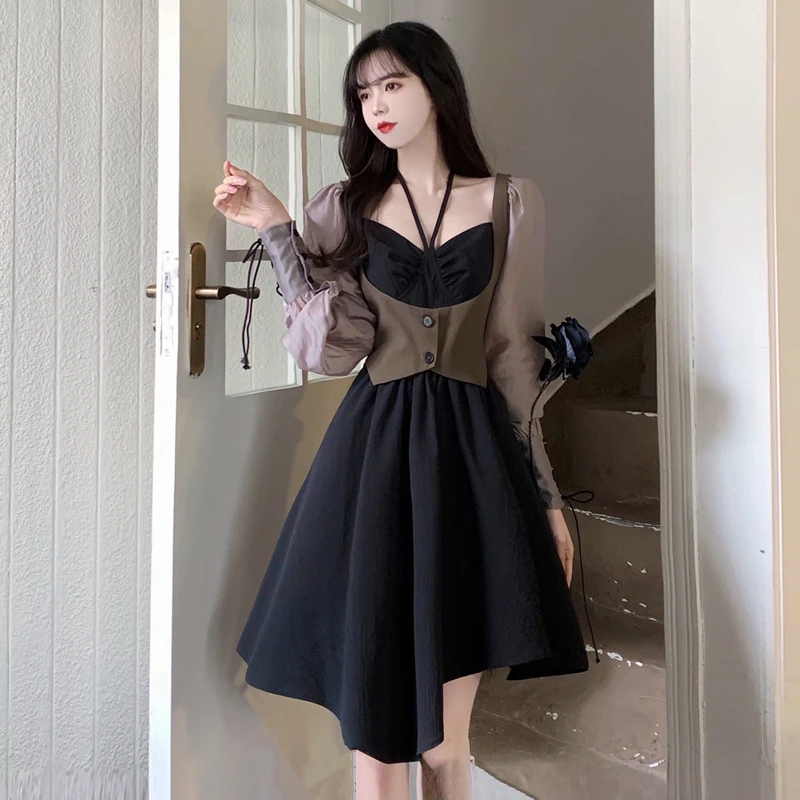 

French Elegant Halter Long Sleeve Dresses Women Summer New High Waist Puff Sleeve Two-piece Maxi Dress Set Female