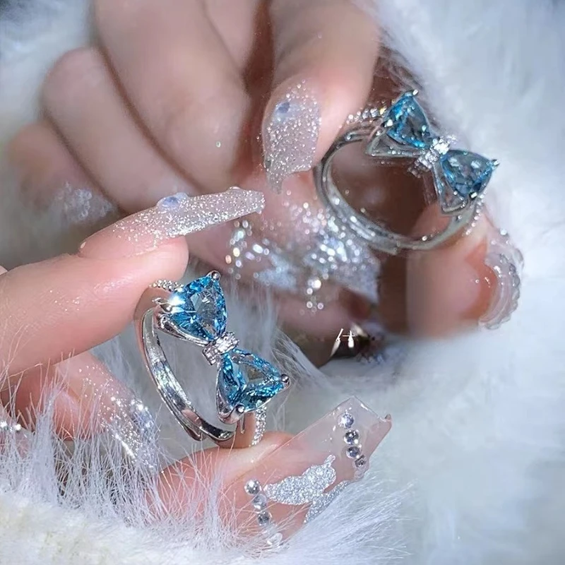 

New 18K Gold Plated Bow Opening Adjustable Rings for Women Blue Crystal Bowknot Finger Ring Fashion Summer Jewelry Gifts