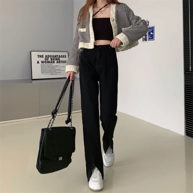 N2165  The new black slit thin micro-flared pants straight mopping wide-leg pants jeans