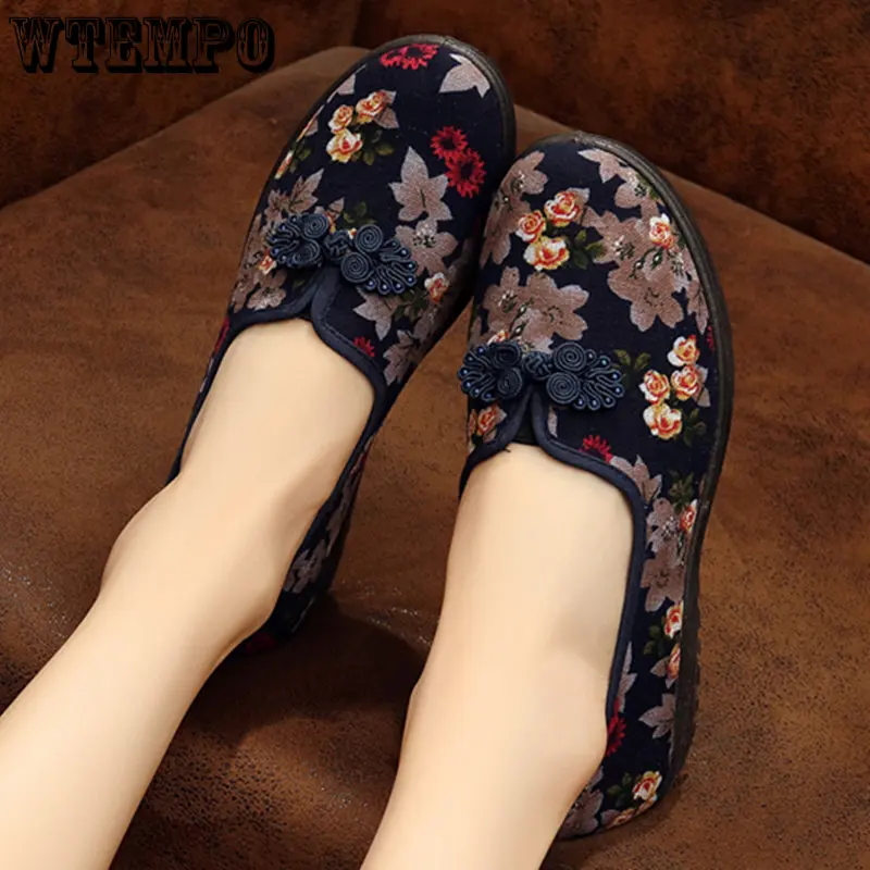 WTEMPO Vintage Print Women Flats Shoes Embroidered Chinese Traditional Slip-on Loafers Canvas Casual Shoes Woman Dropshipping