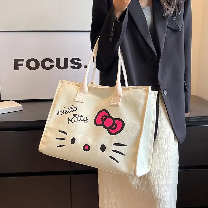 

Новинка 2023, Холщовая Сумка Hello Kitty, вместительная сумка на молнии 40 см, мультяшная Сумка-тоут через плечо, милый женский подарок