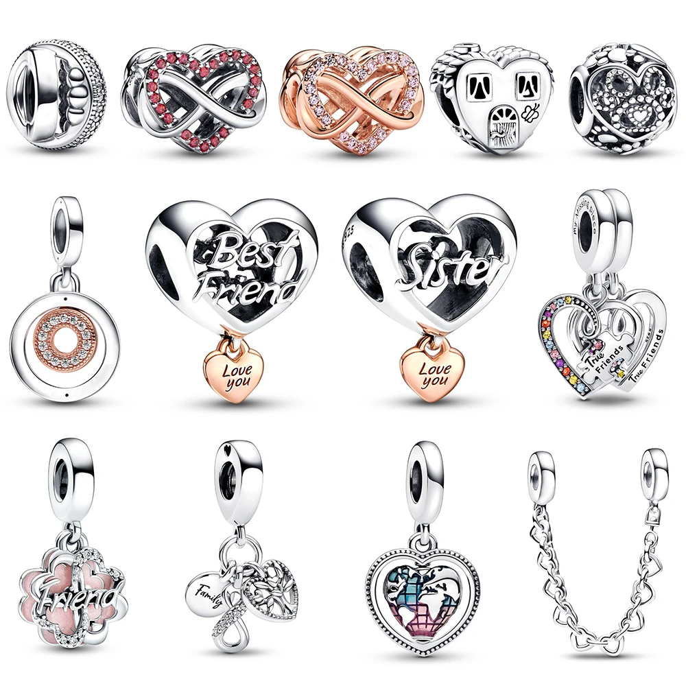 

NEW 925 Sterling Silver Pan Family Heart Puzzle Piece Hearts Splittable Friendship Dangle Charm Linked Hearts Safety Chain