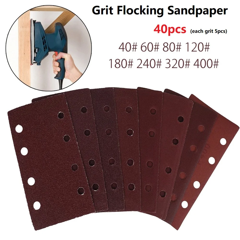 

40Pcs 93x185mm Rectangular Sandpaper 8 Hole Sanding Disc 40-400 Grit Hook & Loop Wood Metal Polishing Grinding Abrasive Tool