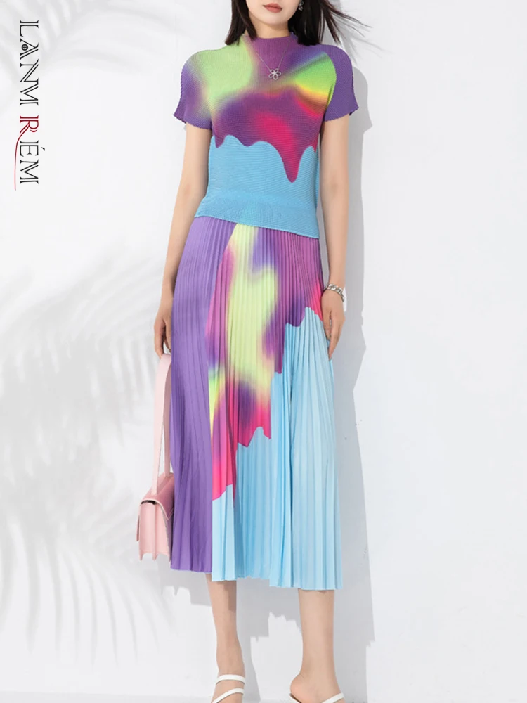 

Женский плиссированный комплект LANMREM из 2 предметов с круглым вырезом, короткими рукавами и модным принтом, юбка контрастного цвета с высокой талией 2023 2YA3052