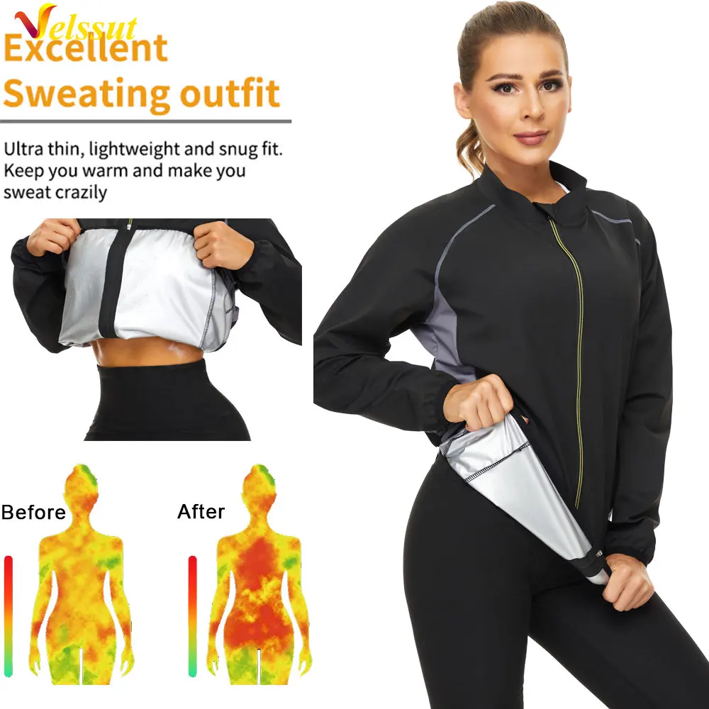 Velssut Sauna Jacket for Women Hot Sweat Top Weight Loss Shirt Fitness Long Sleeve Thermal Sportwear Fat Burner Gym Sport Zipper