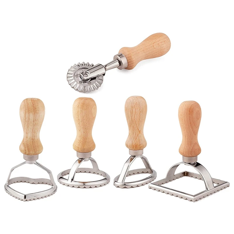 

5Pcs Ravioli Stamp Maker Cutter With Roller Wheel Set,Mold With Wooden Handle,For Dumplings,Spaghetti,Lasagna And Pies