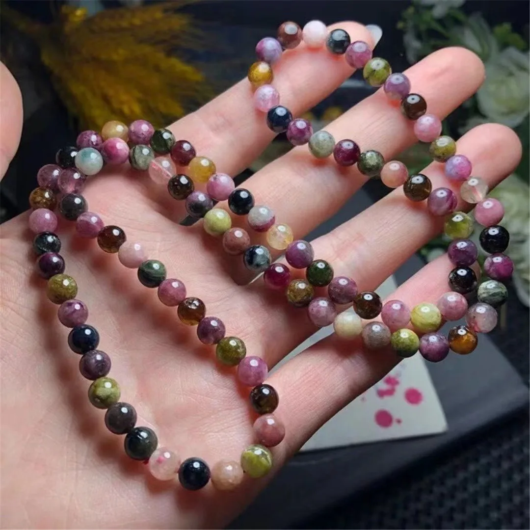 

6mm Natural Colorful Tourmaline Quartz Bracelet For Women Lady Men Healing Love Gift Crystal Beads Stone Gemstone Strands AAAAA