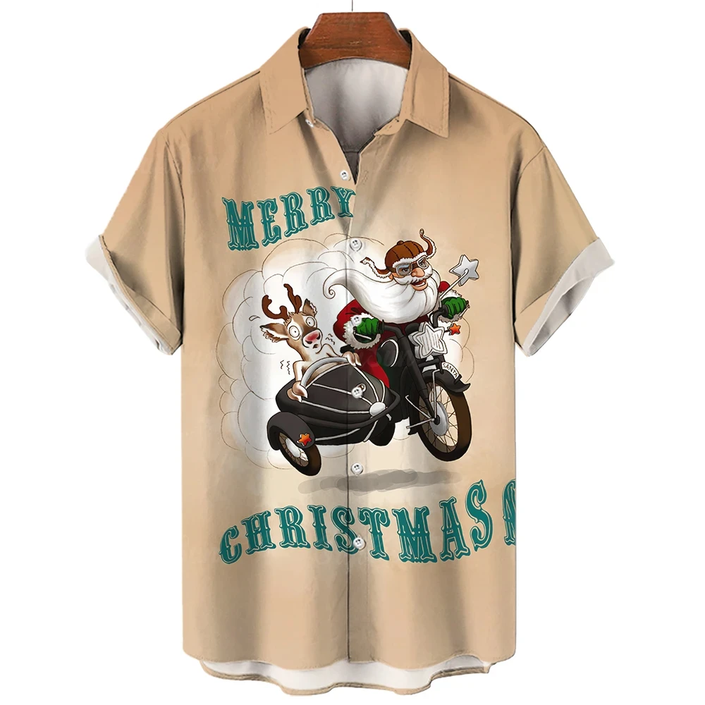 

Cartoon Elk Print Shirts For Men Fashion Santa Claus Pattern Funny Clothing Casual Lapel Short Sleeve Blouse New Year Gift Tees