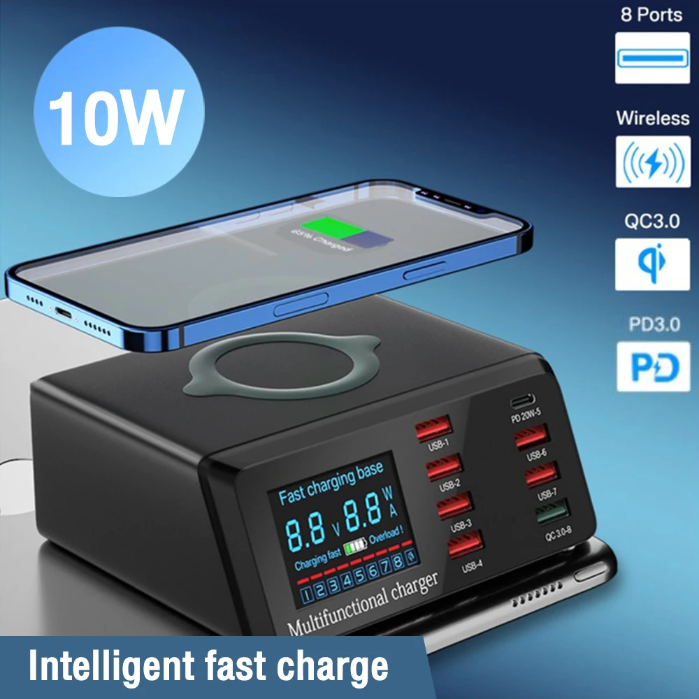 

8 Порт USB HUB QI Беспроводное зарядное устройство для iPhone Samsung Xiaomi 100 Вт Более USB C Быстрое зарядное устройство QC3.0