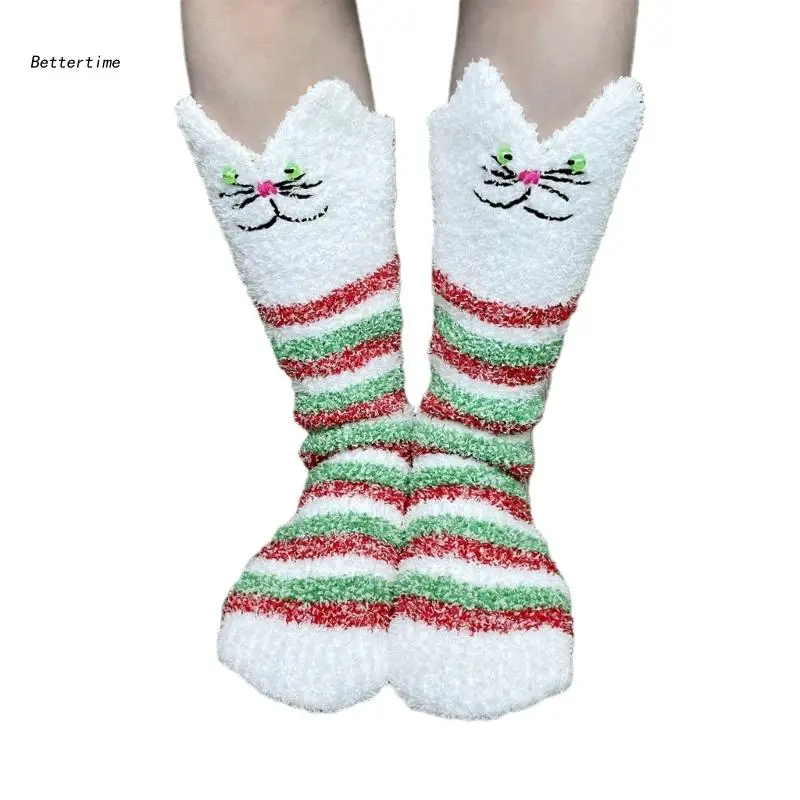 

B36D Adults Christmas Holiday Striped Cute Winter Warm Cozy Fuzzy Slipper Socks