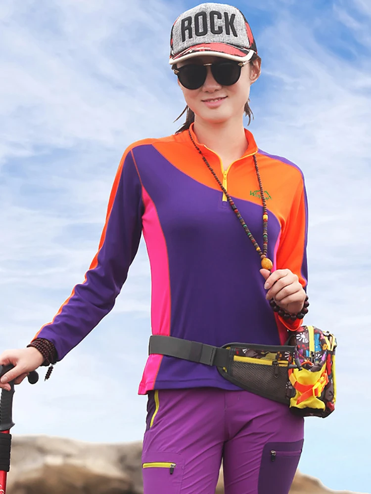 

Shirt Outdoor Women Stand-up Collar T-shirt Breathable Quick-drying Thin Long-sleeved Elastic Sports Top Mountaineering Clothes
