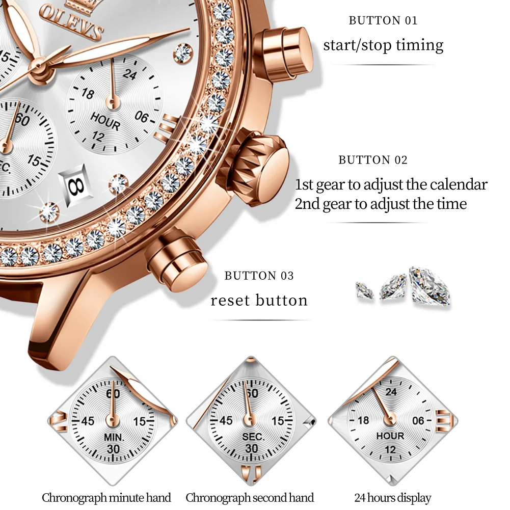 OLEVS 9933 Complication Simple Diamond Quartz Watches for Women PU Strap Waterproof Fashion Women Wristwatch Chronograph enlarge