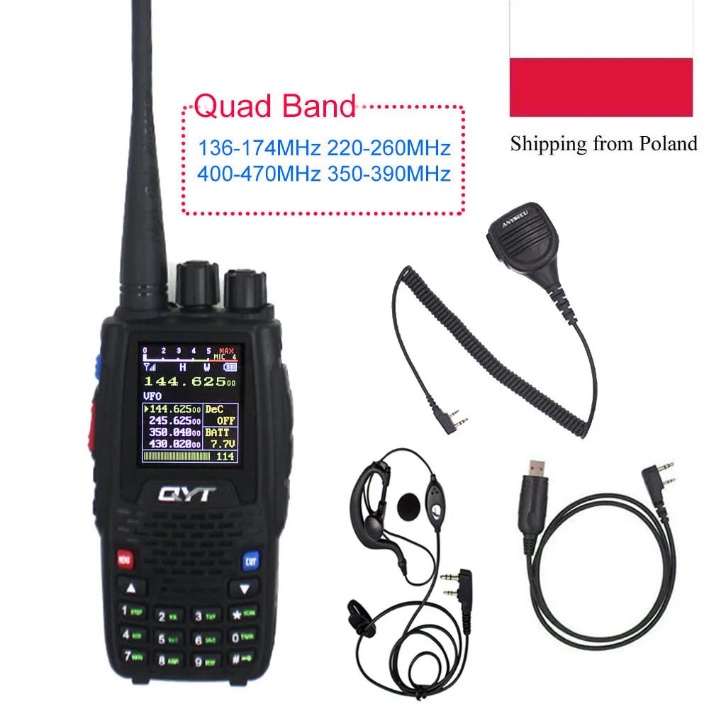QYT KT-8R FM Transceiver Quad Band 136-174MHz 220-260MHz 400-480MHz 350-390MHz KT8R 5W Color Large Screen Two Way Radio