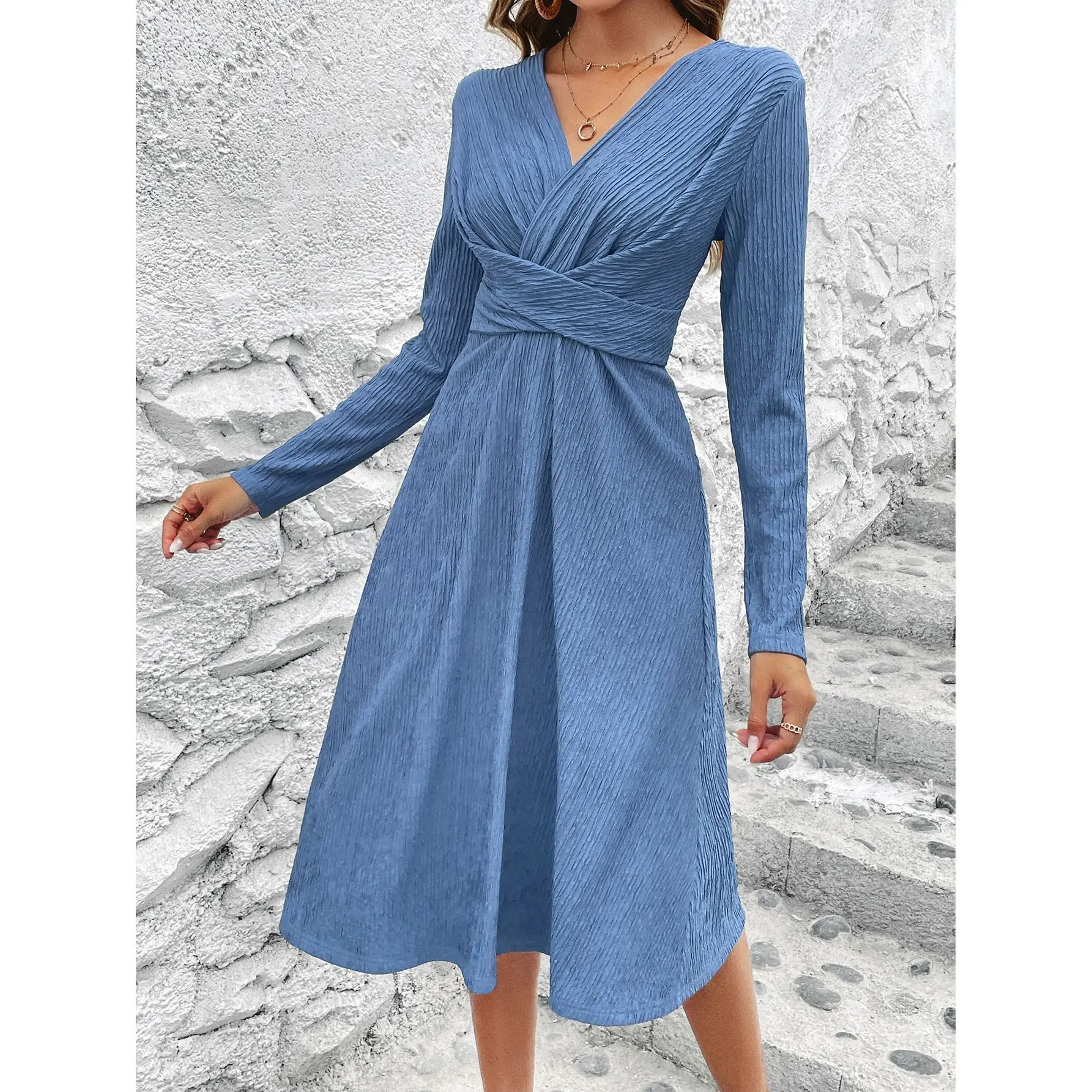 

Retro Skirt Lady Autumn and Winter Sexy Solid Color Long Sleeve Dress Women's Dresses Fashion Casual Slim V Neck Party Dress New