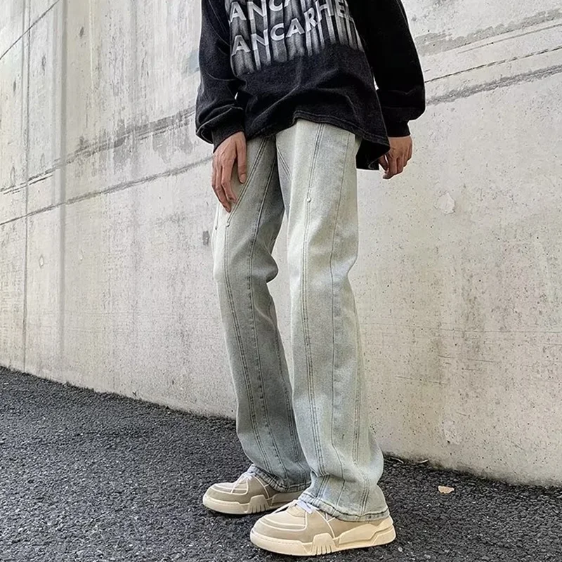 Men Clothing New Vintage Casual Versatile Jeans Black Broad Leg High Street Loose Straight Cargo Pants Autumn and Winter Female