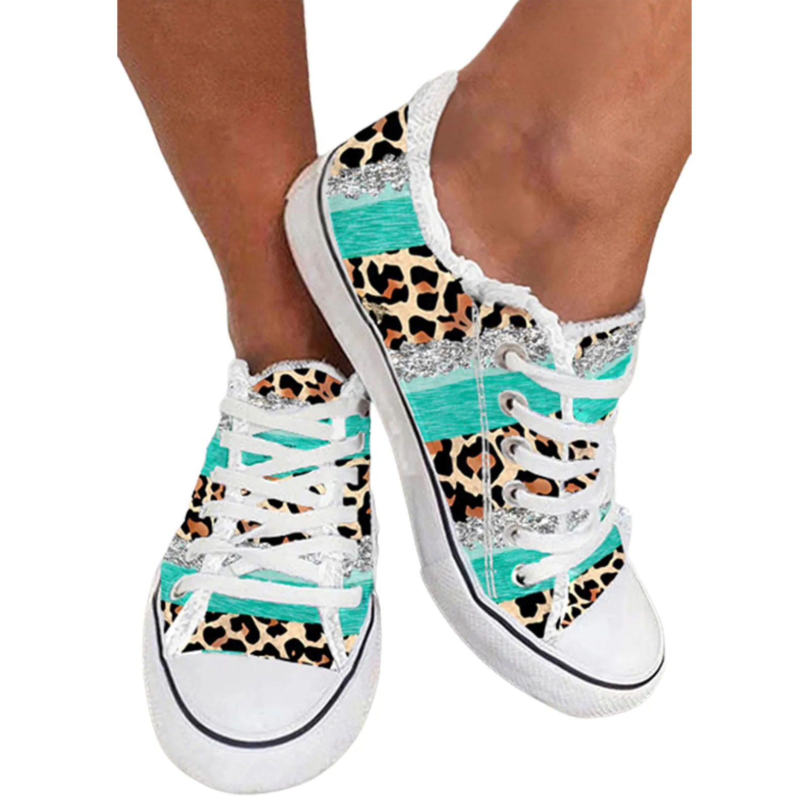 Women Shoes 2023 Glitter Leopard Lace Up Round Toe Flat Sneakers Fashion Summer Casual Canvas Breathable Platform Flat Shoes