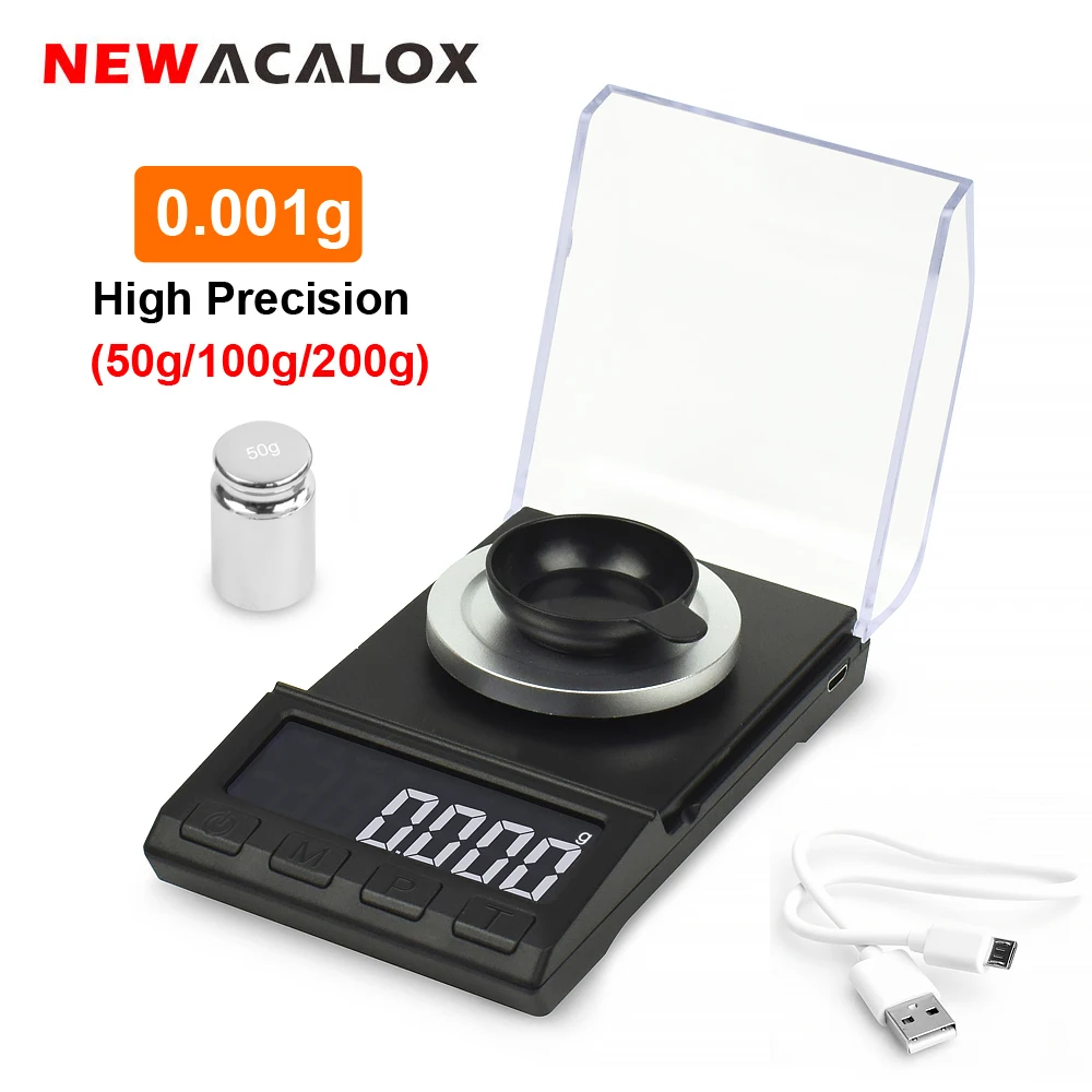 Цифровые карманные мини-весы NEWACALOX 0,001 г для ювелирных изделий, золота, лаборатории, порошка, весы 50 г/100 г/200 г x 0,001 г, Электронные USB-весы