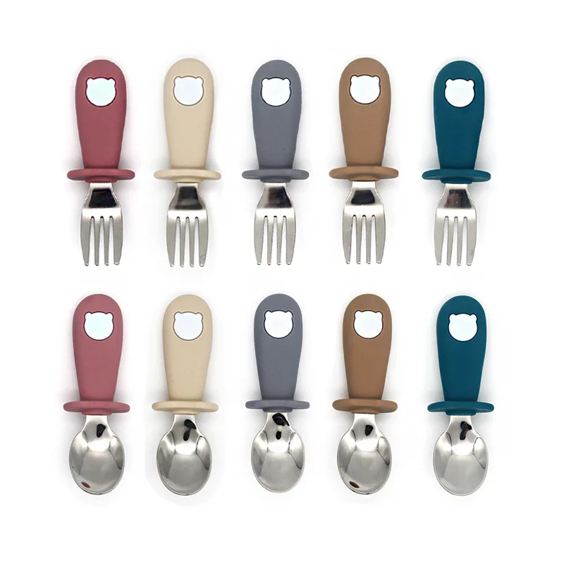 

Детская Милая панда детская силиконовая ложка из нержавеющей стали вилочный Комплект Посуда для обучения малышу столовые приборы