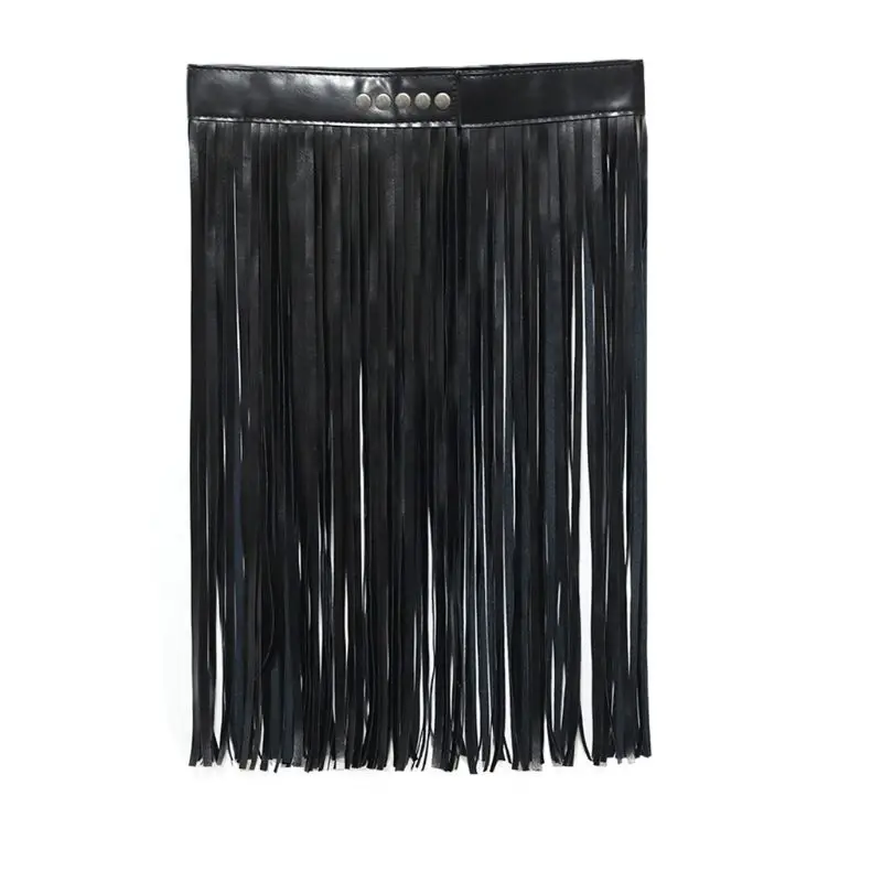 

Womens High Waist Faux Leather Fringe Tassels Skirt Body Harness with Snap Buttons Halloween Party Punk Rock Clubwear