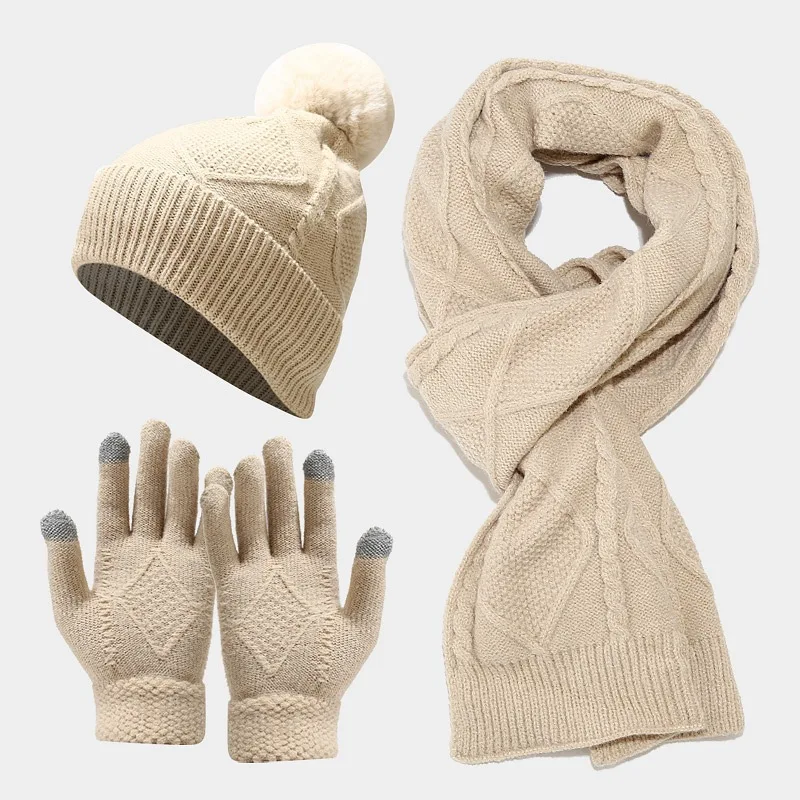

Autumn and Winter New Adult Hat Scarf Gloves Three Piece Outdoor Cold Insulation Thickened Knitted Hat Suit