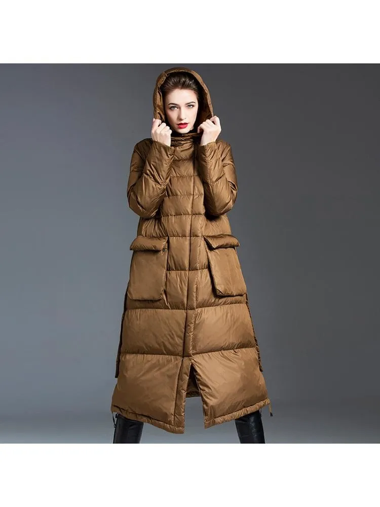 Europe Hooded Long Black Thicked 90 White Duck Down Coats Women 2022 Winter New Loose Zippers Warmer Bread Cloth Jackets