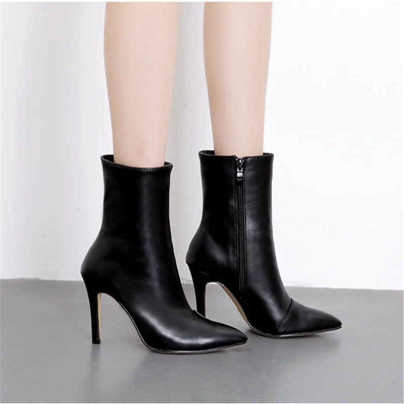 

2022 взрослые женские ботильоны с молнией-Sid на шпильке Стрейчевые короткие сапоги с острым носком черные белые пикантные женские сапоги на о...