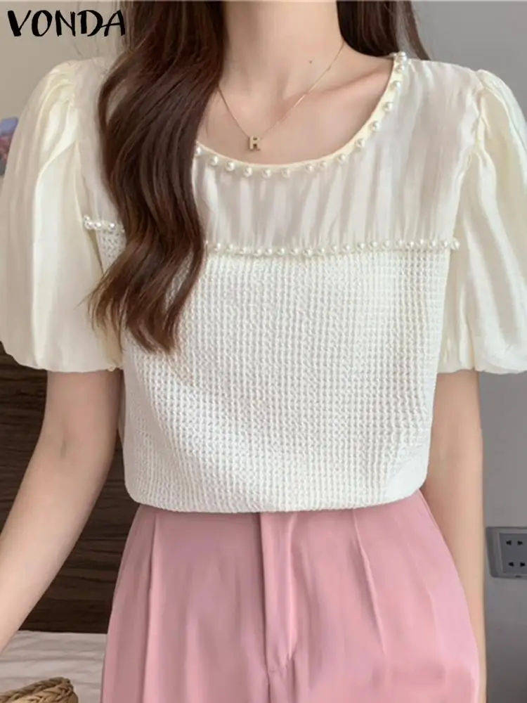 

Блузка VONDA женская с круглым вырезом, стильная модная повседневная рубашка в стиле пэчворк, свободная сорочка оверсайз с короткими рукавами...