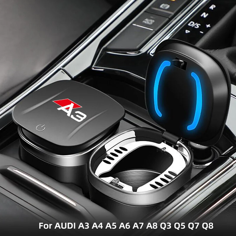 Car Ashtray Portable Multi-function One-button Open Lid Ashtray For Audi A3 A4 A5 A6 A7 A8 Q3 Q5 Q7 Q8 with LED light auto parts